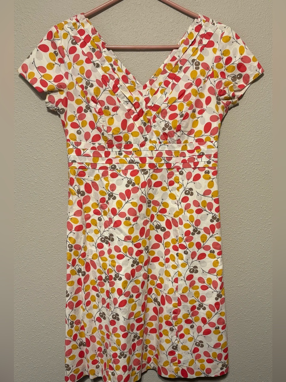 Boden White Dress with Pink, Yellow & Gray Leaf Print